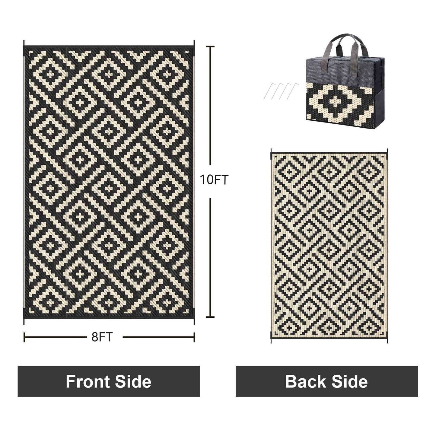 KUETH 8'x 10'Outdoor Waterproof Rug Camping Mat Patio Carpet,Black & Beige