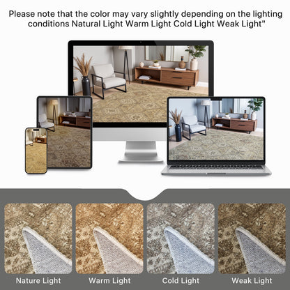 KUETH Area Rug 8x10 Machine Washable Large Brown Vintage Distressed Print Bedroom Living Room Accent Rug, Low Pile Lightweight Non Slip