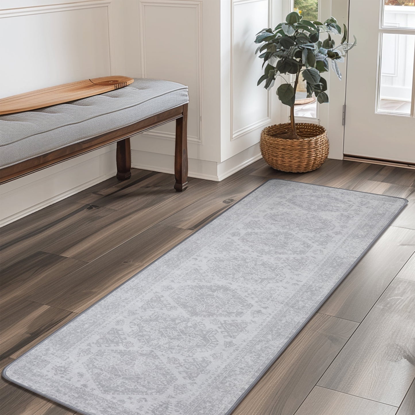 KUETH Area Rug Kitchen Runner Rugs 2x10 Machine Washable Bedroom Rugs Distressed Vintage Print Gray Large Throw Rug Dining Room Living Room Aesthetic, Non Slip Carpet with Gripper