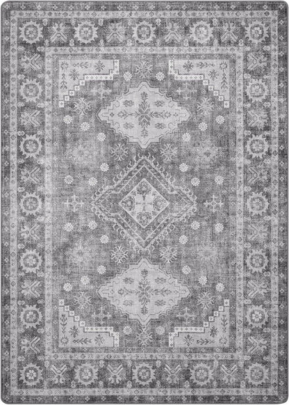 KUETH 6x9 Area Rugs for Bedroom Living Room, Machine Washable Stain Resistant Floor Cover, Large Print Boho Vintage Tribal Aesthetic Carpet, Low Pile Mat with Non Slip Rubber Backing, Distressed Gray