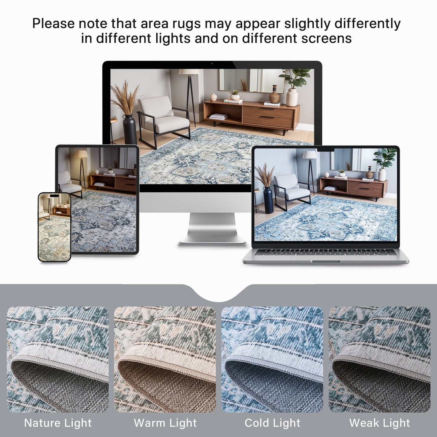 KUETH Modern 6X9 Area Rugs for Living Room, Non Slip Machine Washable Retro Rugs, Low Pile Chenille Print Rug for Bedroom, Dining Room, Home Office, Blue