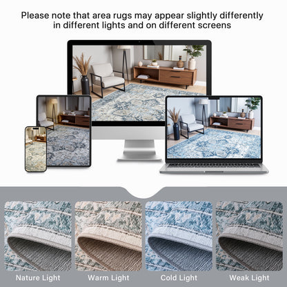 KUETH Modern 6X9 Area Rugs for Living Room, Non Slip Machine Washable Retro Rugs, Low Pile Chenille Print Rug for Bedroom, Dining Room, Home Office, Blue