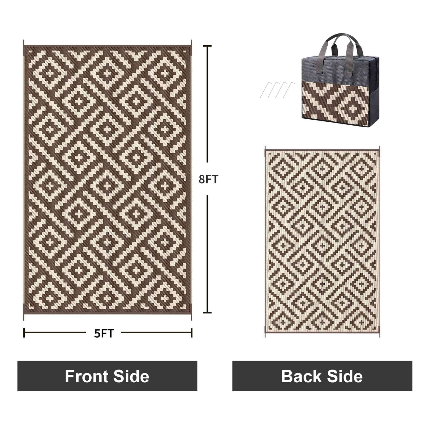 KUETH 5' x 8' Outdoor Waterproof Rug Camping Mat Patio Carpet,COFFEE & BEIGE