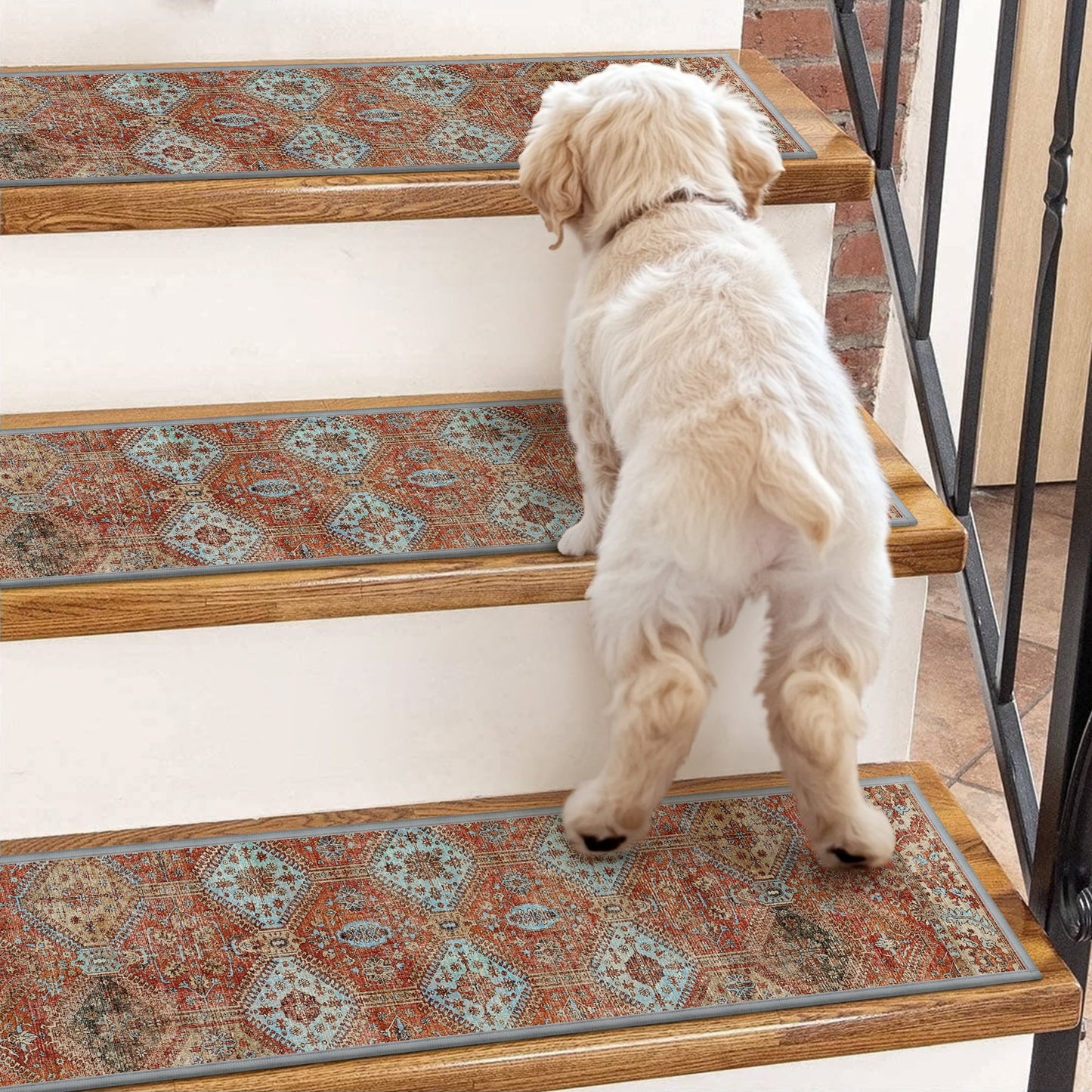 KUETH Stair Treads 15 Pcs 8"x30" Self-Adhesive Non-Slip Carpet for Wood Steps, Washable Rubber Backing Indoor Safety Mats for Kids & Pets