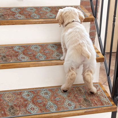 KUETH Stair Treads 15 Pcs 8"x30" Self-Adhesive Non-Slip Carpet for Wood Steps, Washable Rubber Backing Indoor Safety Mats for Kids & Pets