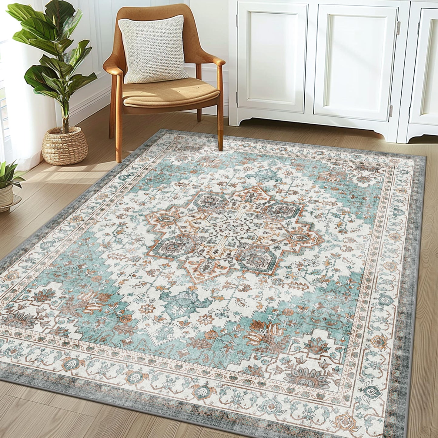 KUETH 8x10 Area Rugs for Living Room Bedroom, Machine Washable Rug Stain Resistant Non-Shed Carpet, Low Pile Mat with Non Slip Backing