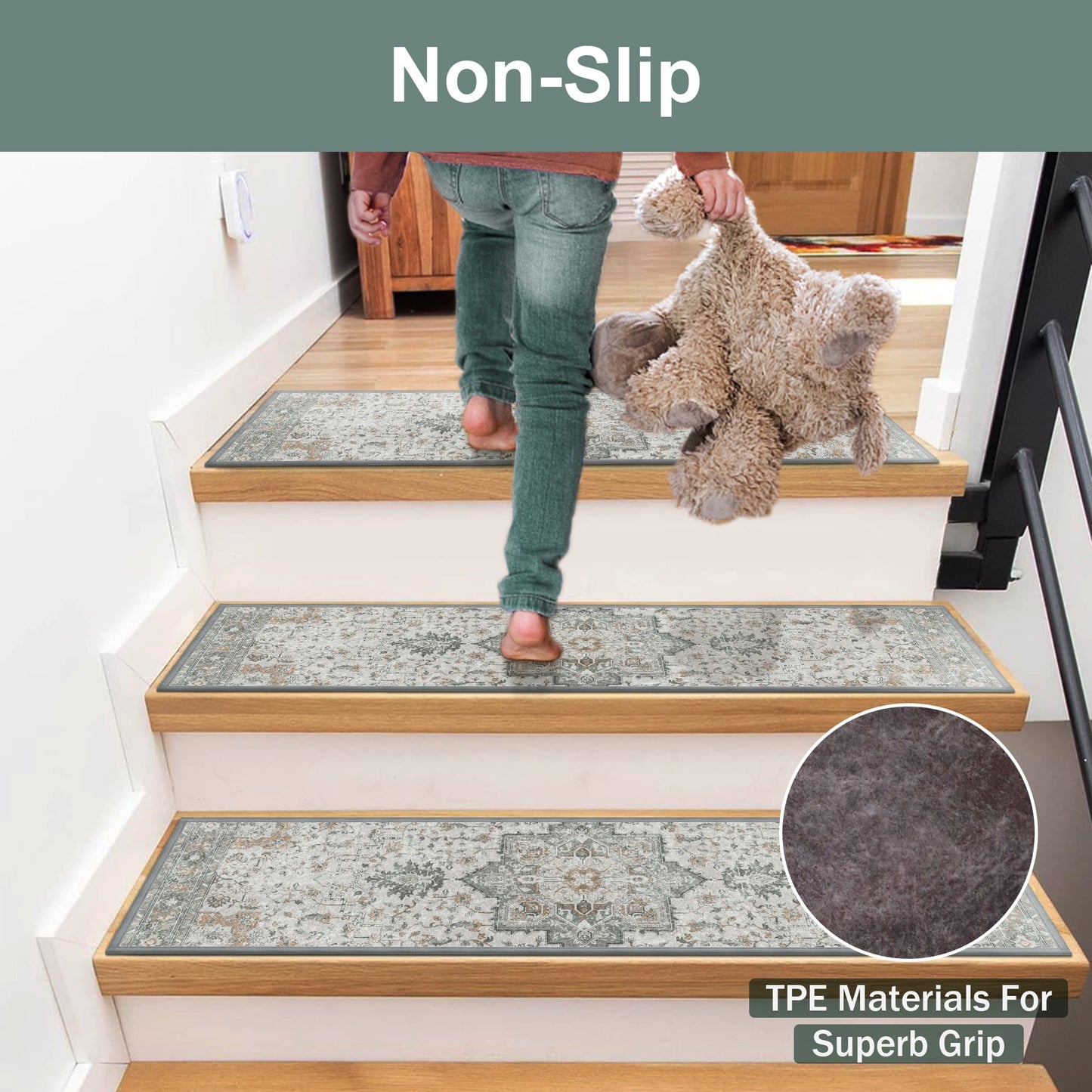 KUETH Stair Treads 7 Pcs 8"x30" Self-Adhesive Non-Slip Carpet for Wood Steps, Washable Rubber Backing Indoor Safety Mats for Kids & Pets