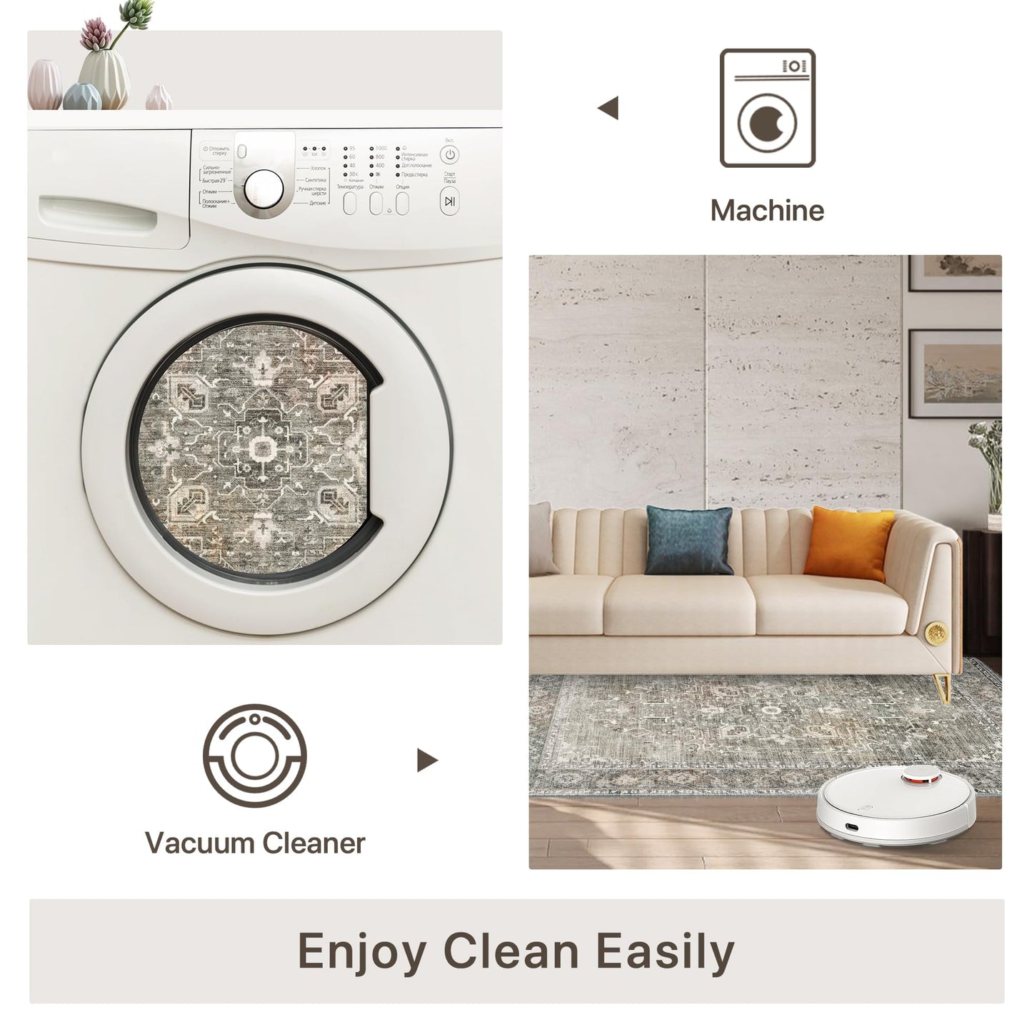 KUETH 8x10 Area Rugs for Living Room Bedroom, Machine Washable Stain Resistant Non-Shed Carpet,, Low Pile Mat with Non Slip Backing