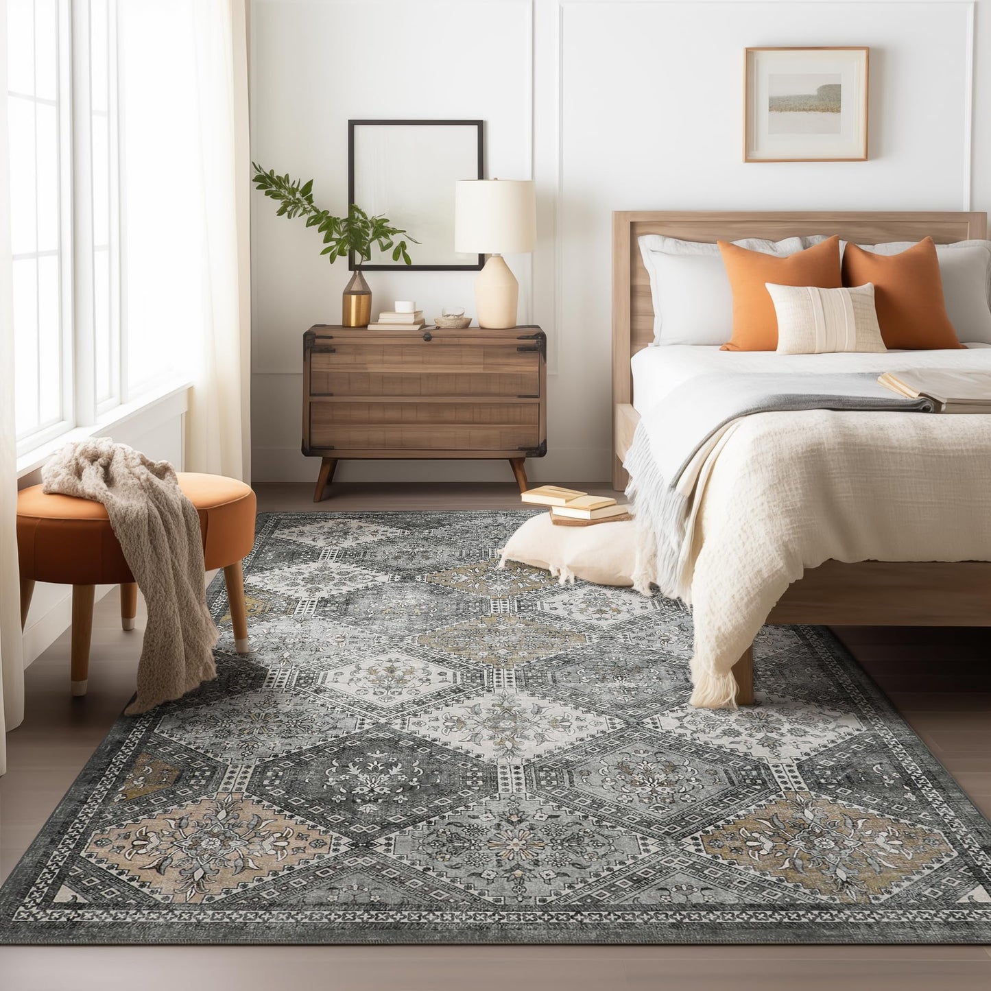 KUETH 5x7 Area Rugs for Living Room Bedroom, Machine Washable Stain Resistant Non-Shed Carpet, Low Pile Mat with Non Slip Backing