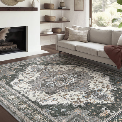 KUETH 3'x5' Area Rugs for Living Room, Non Slip Machine Washable Vintage Indoor Rug, Low Pile Print Rug for Bedroom Dining Room Home Office