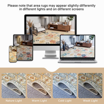 KUETH Area Rugs for Living Room, Large Washable Rug with Non Slip, Ultra Thin Rug for Bedroom,Kitchen,Dorm,Playroom, Clear Vintage Print Area Rugs