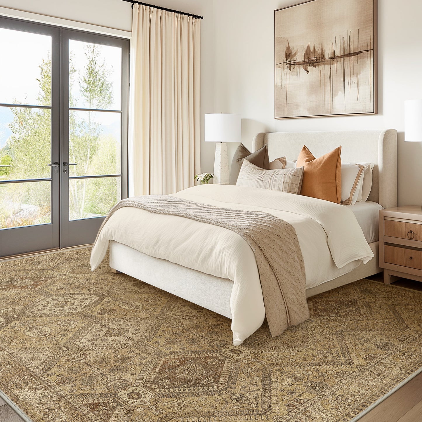 KUETH Area Rug 8x10 Machine Washable Large Brown Vintage Distressed Print Bedroom Living Room Accent Rug, Low Pile Lightweight Non Slip