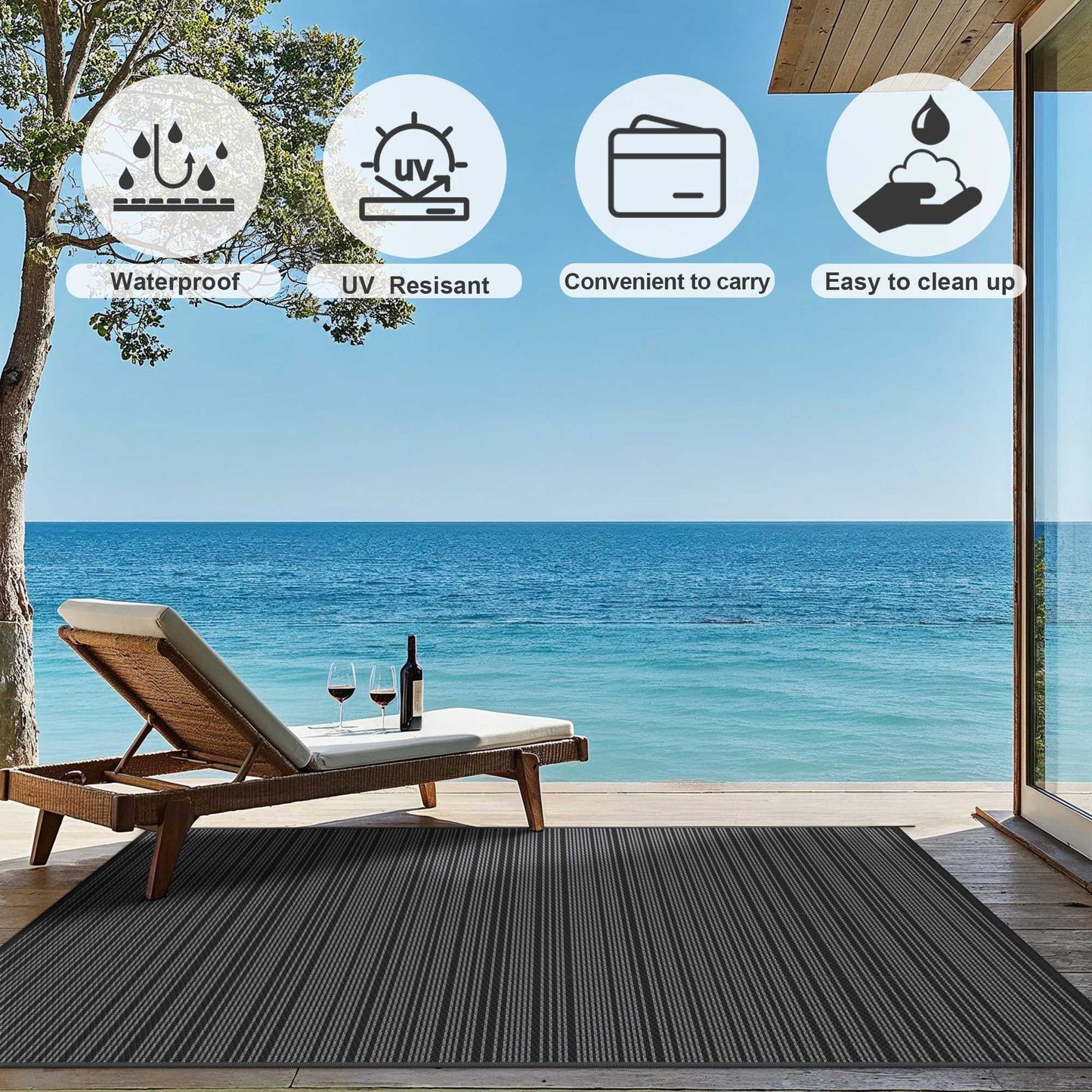 KUETH 5'x 8' Outdoor Waterproof Rug Camping Mat Patio Carpet,Black&Gray