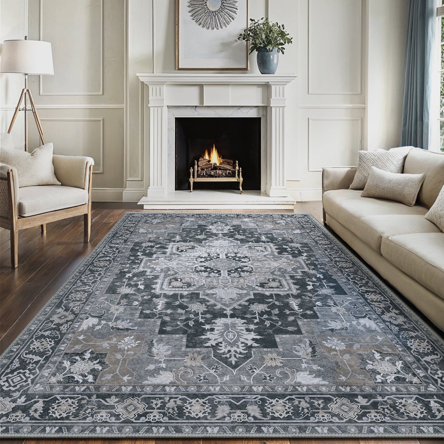 KUETH 8X10 Area Rugs for Living Room, Non Slip Machine Washable Retro Rugs, Ultra-thin Print Rug for Bedroom, Dining Room, Home Office.