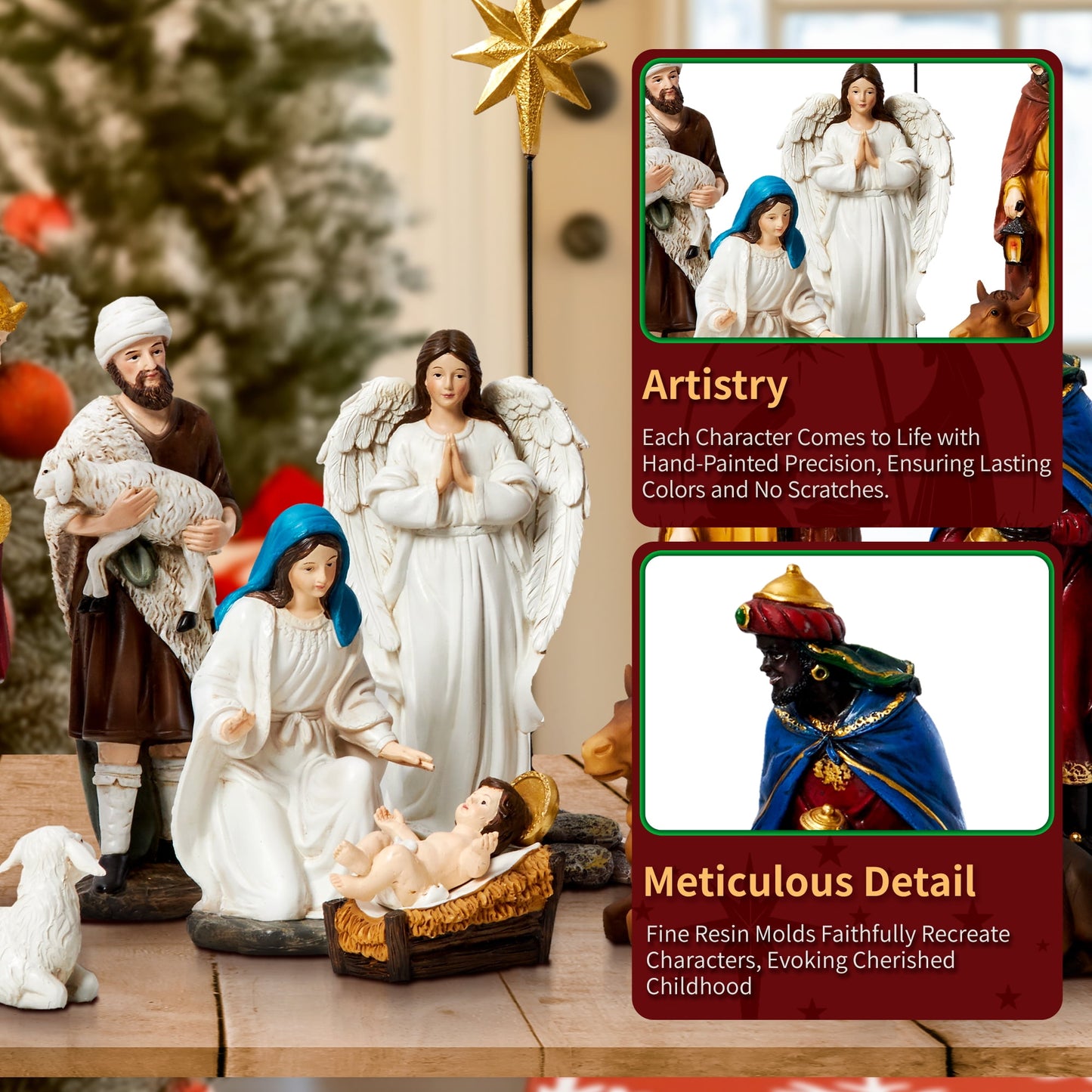 KUETH Nativity Sets for Christmas Indoor Resin Set Hand Painted Nativity Figures Christmas Nativity Scene Set Decorations Holy Family Decor of 13 Pieces 7.9 Inch