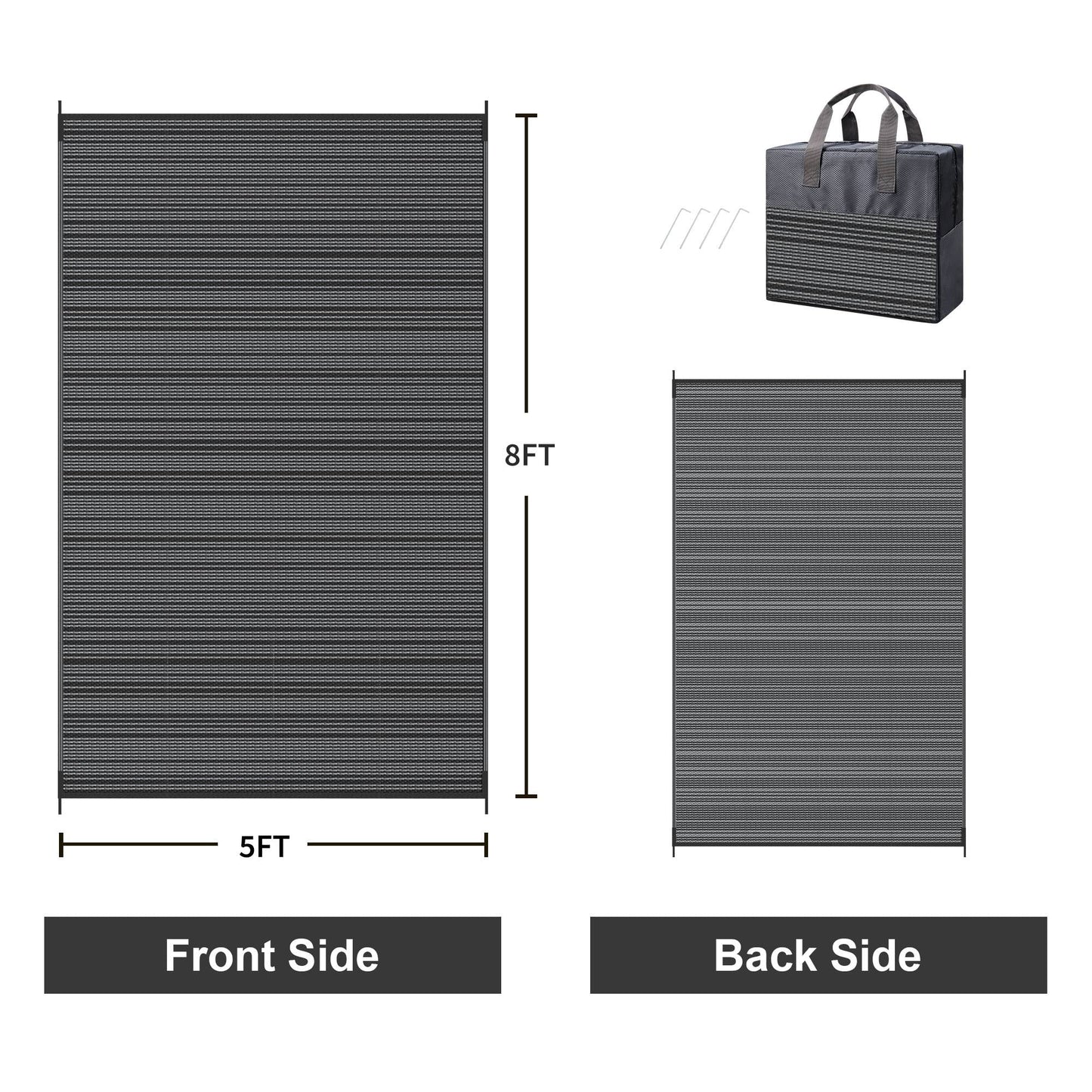 KUETH 5'x 8' Outdoor Waterproof Rug Camping Mat Patio Carpet,Black&Gray