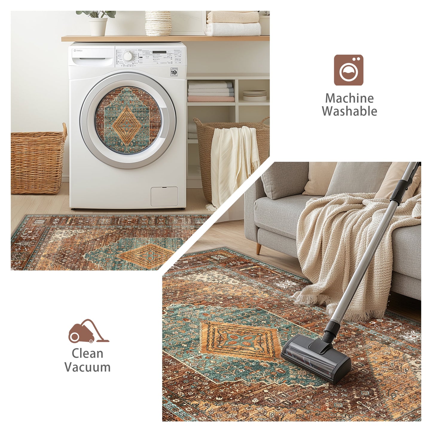 KUETH Area Rug - 2'x6' Machine Washable Runner Rugs, Non-Slip Vintage Mat for Living Room, Entryway Bedroom Kitchen and Corridor, Brick-red