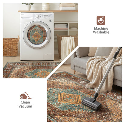 KUETH Area Rug - 2'x6' Machine Washable Runner Rugs, Non-Slip Vintage Mat for Living Room, Entryway Bedroom Kitchen and Corridor, Brick-red