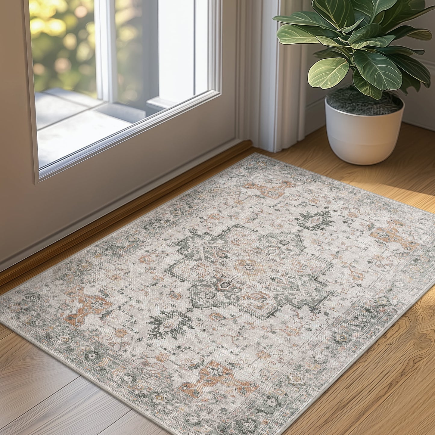 KUETH Modern Area Rug 2x3 Non Slip Hallway Runner Rug, Low Pile Machine Washable Rugs for Entryway, Hallway, Kitchen and Corridor, Light Taupe Brown