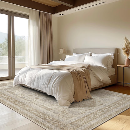 KUETH 8x10 Area Rugs for Living Room Bedroom, Machine Washable Stain Resistant Non-Shed Carpet,, Low Pile Mat with Non Slip Backing Beige