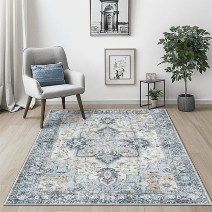 KUETH Modern 5x7 Area Rugs for Living Room, Non Slip Machine Washable Retro Rugs, Low Pile Chenille Print Rug for Bedroom, Dining Room, Home Office, Blue