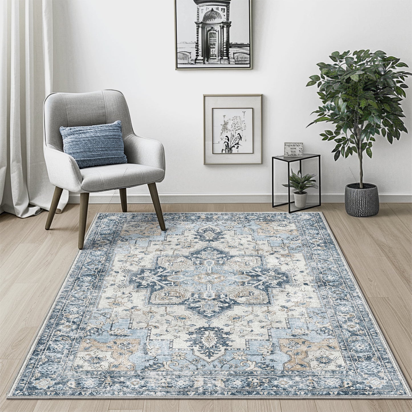 KUETH Modern 6X9 Area Rugs for Living Room, Non Slip Machine Washable Retro Rugs, Low Pile Chenille Print Rug for Bedroom, Dining Room, Home Office, Blue
