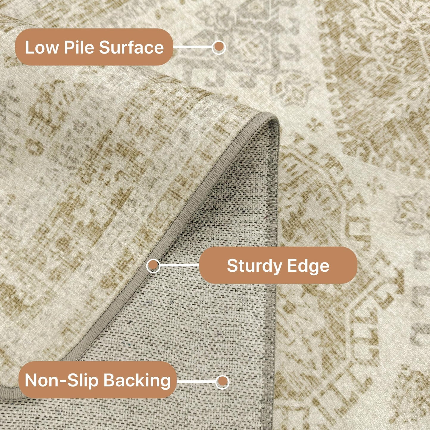KUETH 8x10 Area Rugs for Living Room Bedroom, Machine Washable Stain Resistant Non-Shed Carpet,, Low Pile Mat with Non Slip Backing Beige