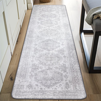 KUETH Area Rug Kitchen Runner Rugs 2x10 Machine Washable Bedroom Rugs Distressed Vintage Print Gray Large Throw Rug Dining Room Living Room Aesthetic, Non Slip Carpet with Gripper