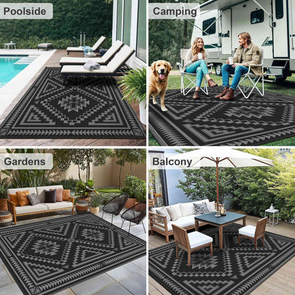 KUETH 6' x 9' Outdoor Waterproof Rug Camping Mat Patio Carpet,Black & Gray