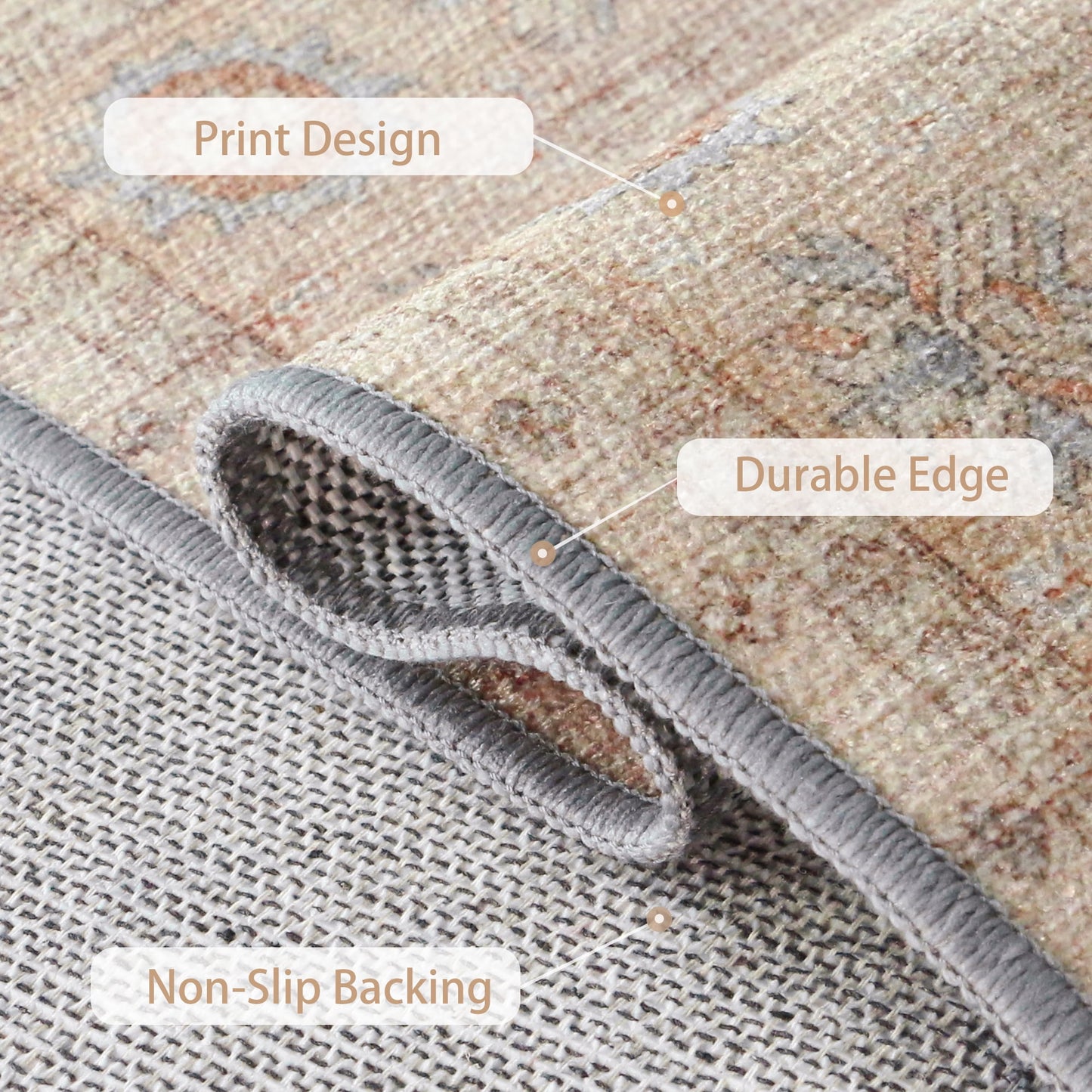 KUETH Vintage Tribal Distressed Brick Low Pile Area Rug, 8'x10', Machine Washable, Non-slip