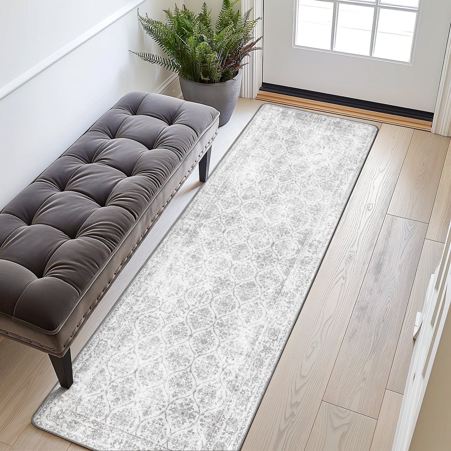 KUETH 2x10 Area Runner Rugs for Entryway Entrance Kitchen Bathroom, Machine Washable Stain Resistant Non-Shed, Long Print Vintage Door, Low Pile with Non Slip Backing, Distressed Cream/Gray
