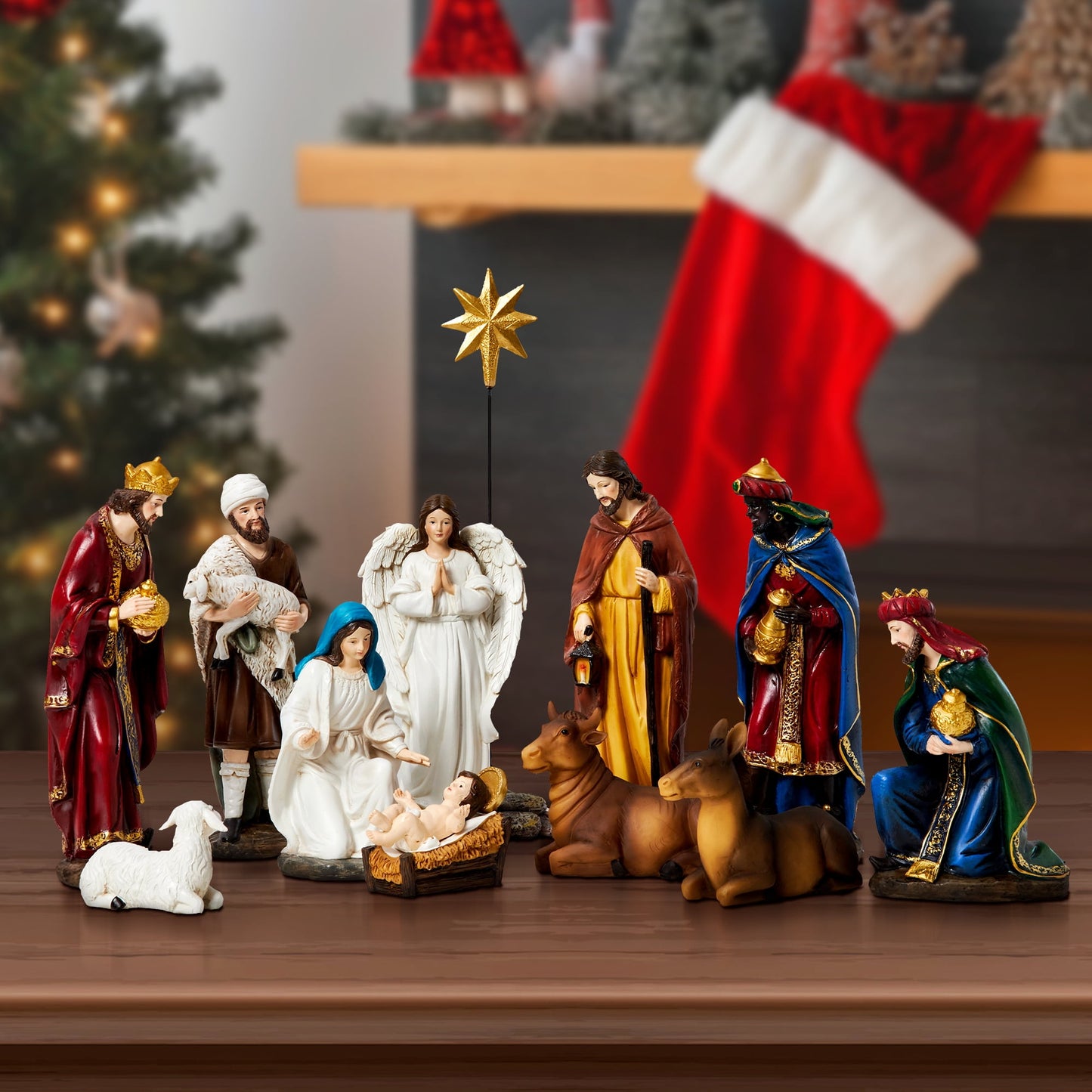 KUETH Nativity Sets for Christmas Indoor Resin Set Hand Painted Nativity Figures Christmas Nativity Scene Set Decorations Holy Family Decor of 13 Pieces 7.9 Inch