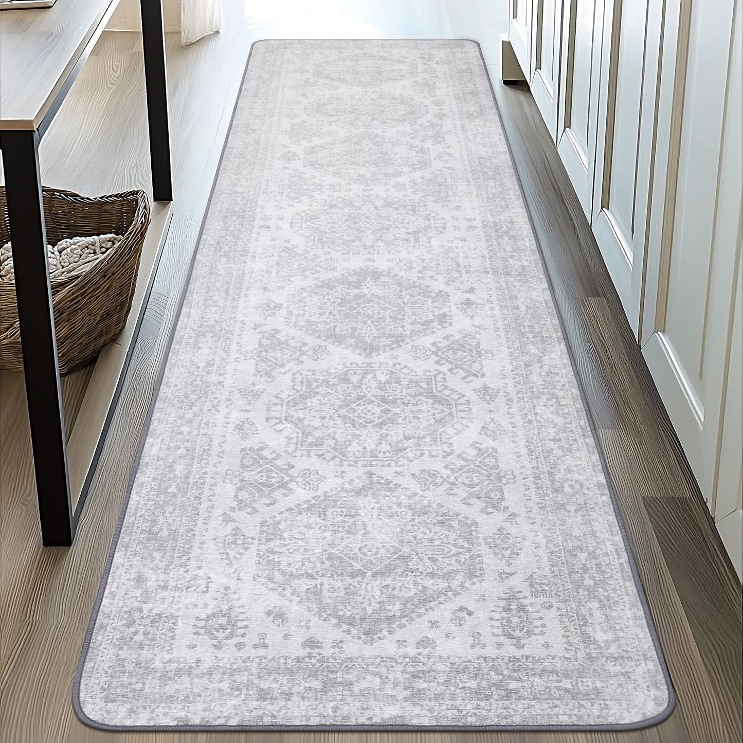 KUETH Area Rug Kitchen Runner Rugs 2x10 Machine Washable Bedroom Rugs Distressed Vintage Print Gray Large Throw Rug Dining Room Living Room Aesthetic, Non Slip Carpet with Gripper