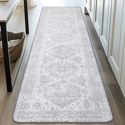 KUETH Area Rug Kitchen Runner Rugs 2x10 Machine Washable Bedroom Rugs Distressed Vintage Print Gray Large Throw Rug Dining Room Living Room Aesthetic, Non Slip Carpet with Gripper