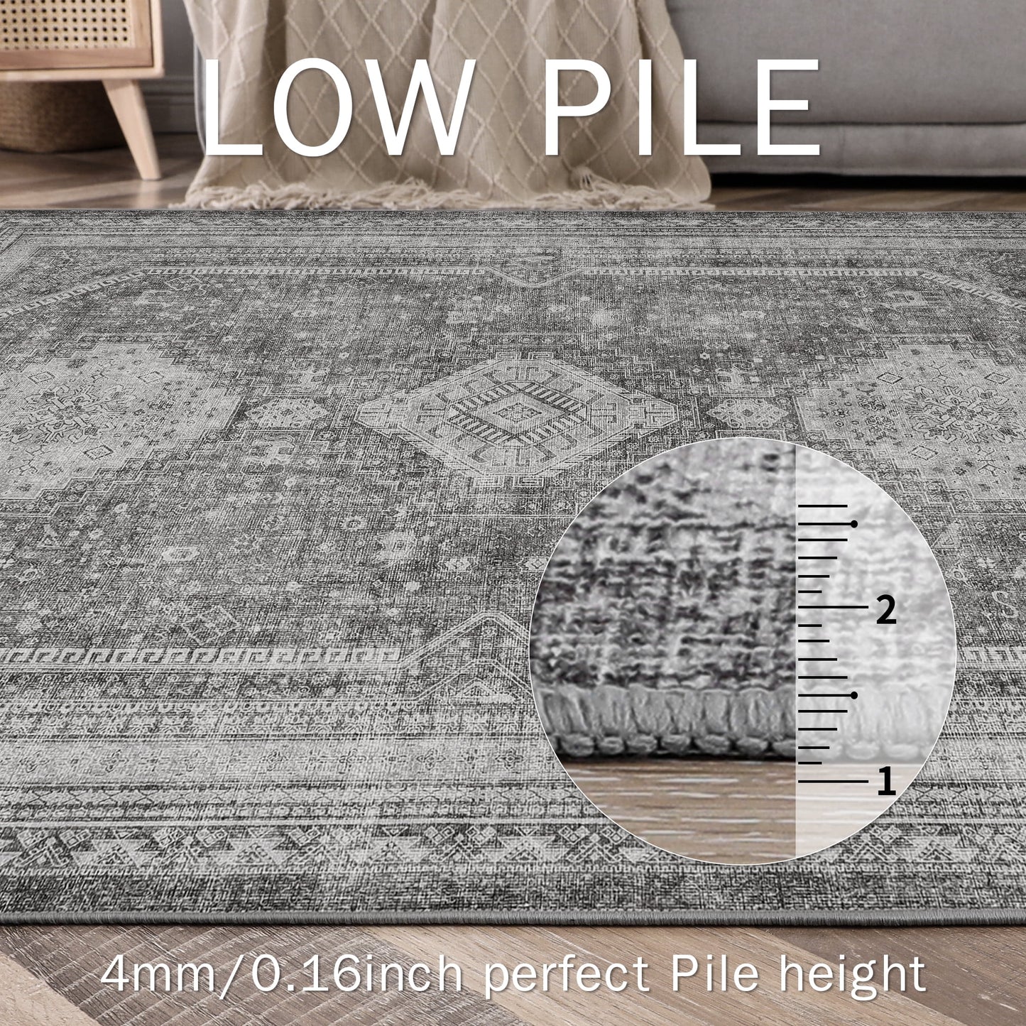 KUETH 4'x6' Rugs for Living Room, Non Slip Machine Washable Indoor Small Rug, Low Pile Chenille Carpet for Bedroom Dining Room Home Office Kitchen, Gray