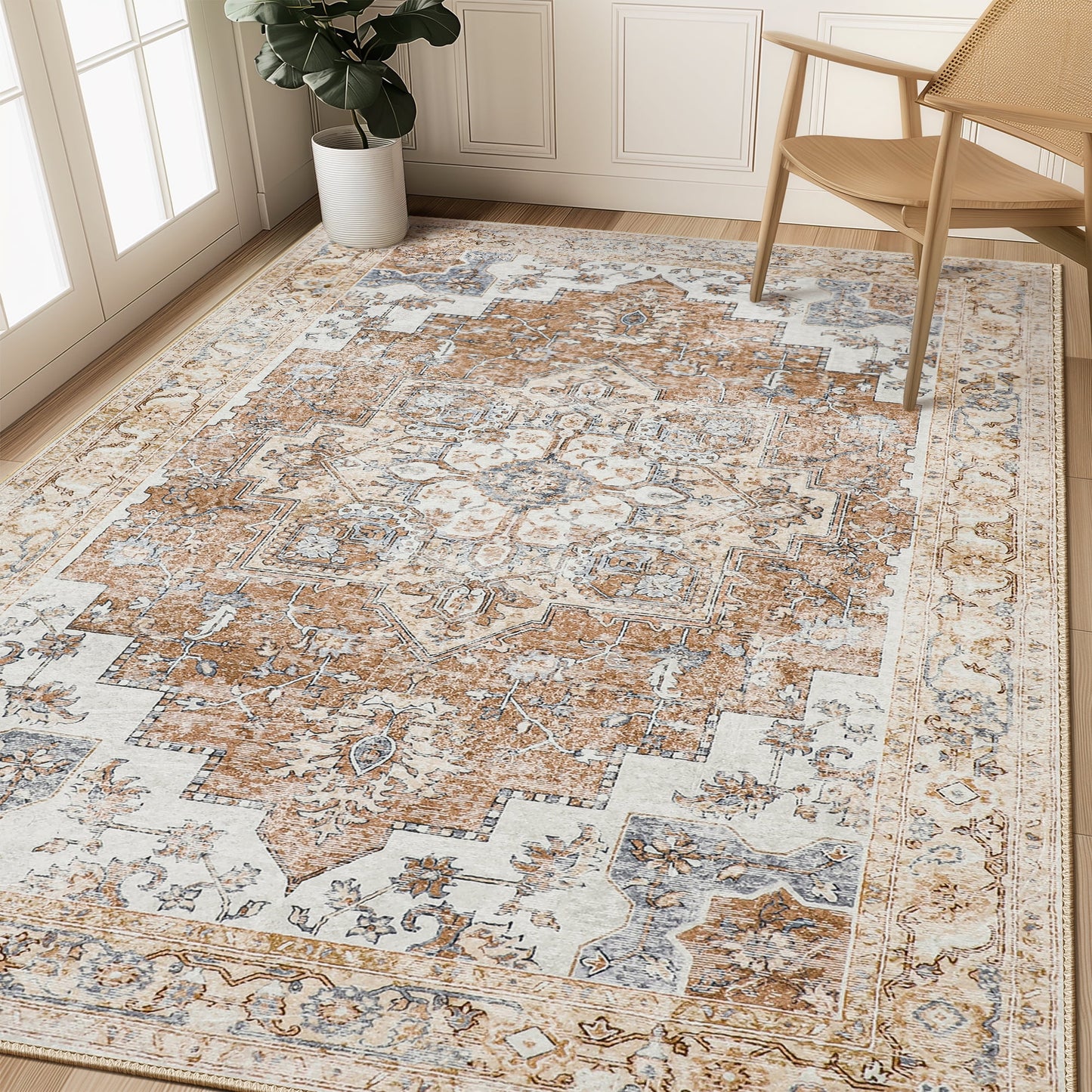 KUETH Modern Area Rug 5x7 Non Slip Hallway Runner Rug, Low Pile Machine Washable Rugs for Entryway, Hallway, Kitchen and Corridor, Orange