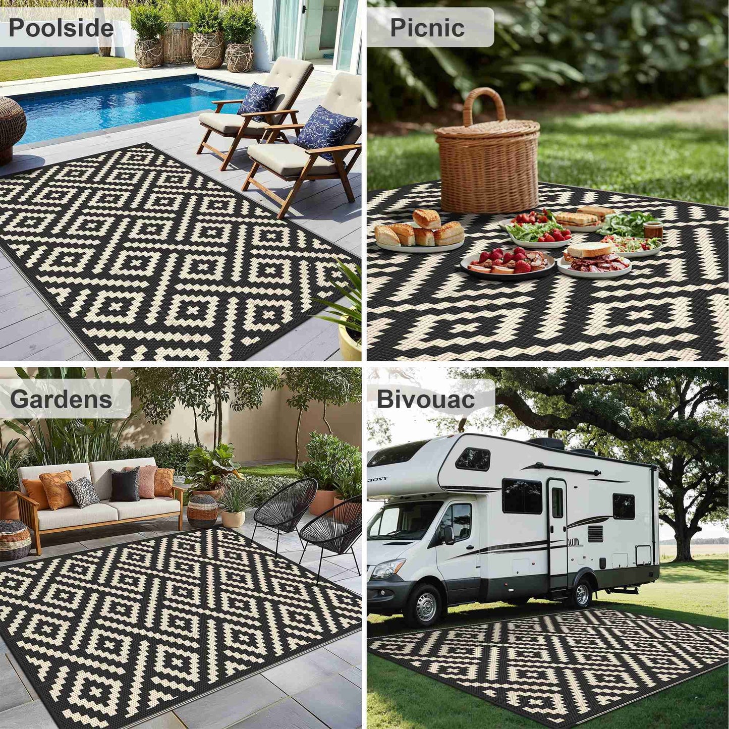 KUETH 8'x 10'Outdoor Waterproof Rug Camping Mat Patio Carpet,Black & Beige