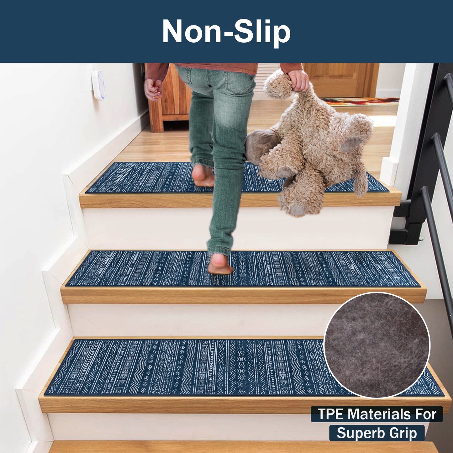 KUETH Stair Treads Non Slip 4 PCS, 8" X 30" Edging Stair Runner for Wooden Steps Indoor, Resistant Stair Rugs with Reusable Rubber Adhesive Backing, Residue Free Mat for Kids, Elders, Pets