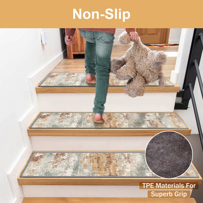 KUETH Stair Treads 15 Pcs 8"x30" Self-Adhesive Non-Slip Carpet for Wood Steps, Washable Rubber Backing Indoor Safety Mats for Kids & Pets