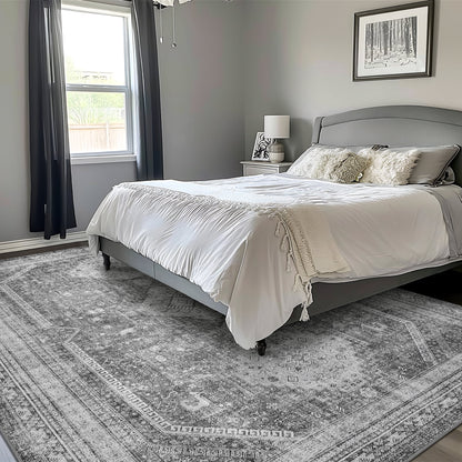 KUETH 4'x6' Rugs for Living Room, Non Slip Machine Washable Indoor Small Rug, Low Pile Chenille Carpet for Bedroom Dining Room Home Office Kitchen, Gray