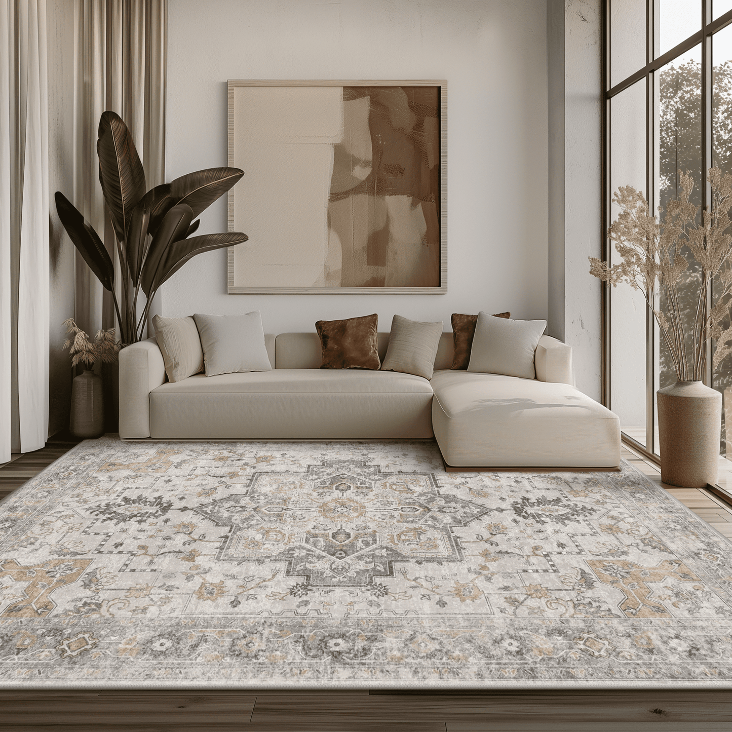 KUETH 4x6 Area Rugs for Living Room, Non Slip Machine Washable Retro Rugs, Ultra-thin Print Rug for Bedroom, Dining Room, Home Office.