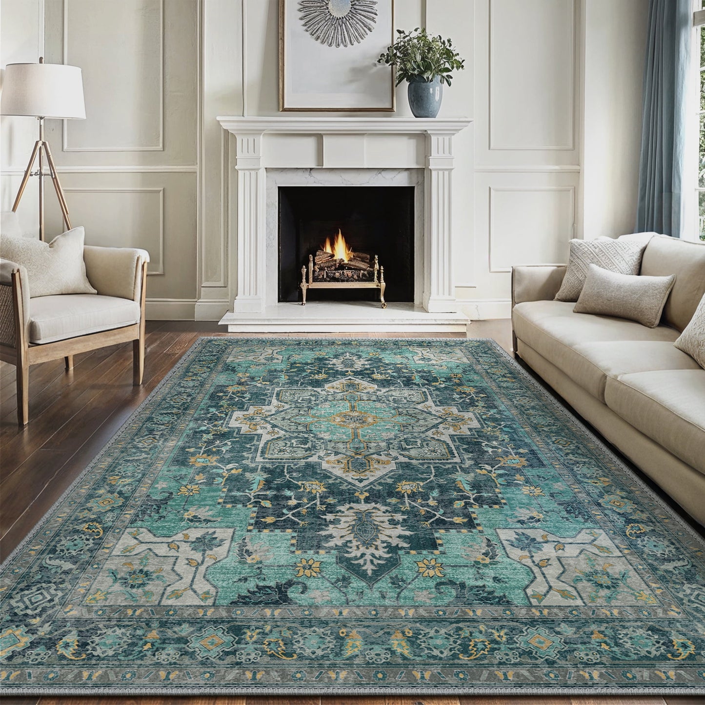 KUETH 5x7 Area Rugs for Living Room, Non Slip Machine Washable Retro Rugs, Ultra-thin Print Rug for Bedroom, Dining Room, Home Office.