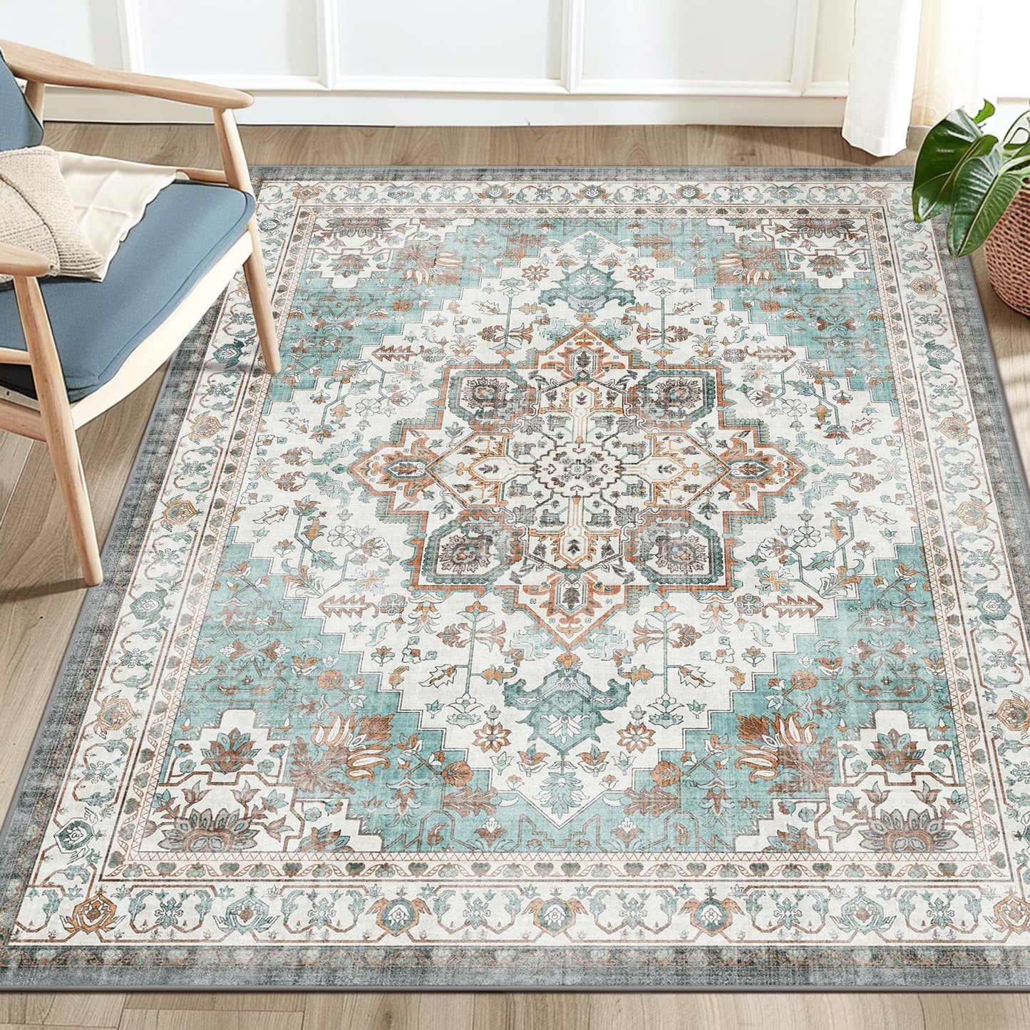 KUETH 8x10 Area Rugs for Living Room Bedroom, Machine Washable Rug Stain Resistant Non-Shed Carpet, Low Pile Mat with Non Slip Backing