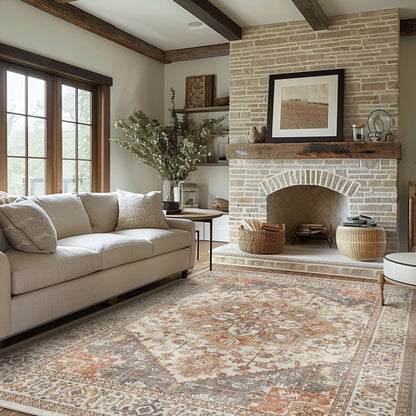 KUETH Area Rug 8x10 Machine Washable Vintage Distressed Print Amber Bedroom Living Room Accent Rug, Low Pile Lightweight Non Slip