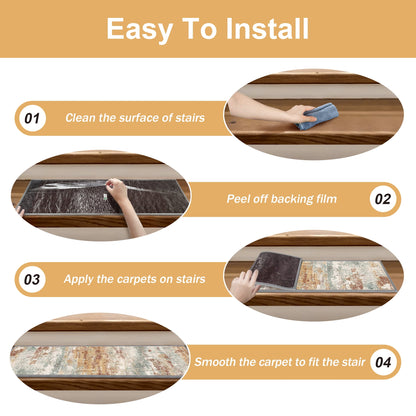 KUETH Stair Treads 15 Pcs 8"x30" Self-Adhesive Non-Slip Carpet for Wood Steps, Washable Rubber Backing Indoor Safety Mats for Kids & Pets