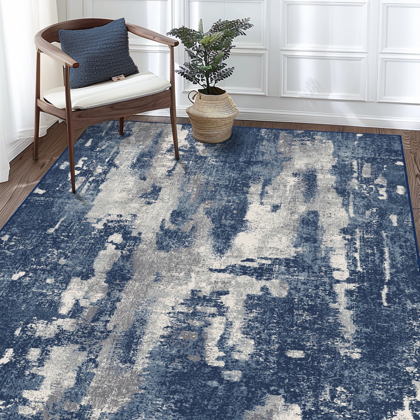 KUETH Area Rugs for Living Room 3x5 Large Modern Machine Washable Vintage Rugs Distressed Abstract Print Blue Throw Rug for Bedroom Aesthetic, Non Slip Carpet with Gripper