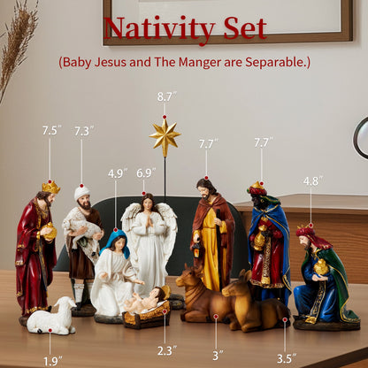 KUETH Nativity Sets for Christmas Indoor Resin Set Hand Painted Nativity Figures Christmas Nativity Scene Set Decorations Holy Family Decor of 13 Pieces 7.9 Inch