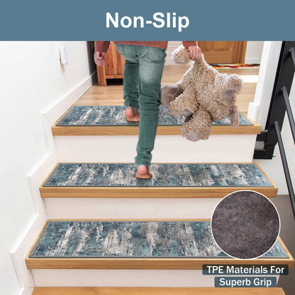 KUETH Stair Treads 15 Pcs 8"x30" Self-Adhesive Non-Slip Carpet for Wood Steps, Washable Rubber Backing Indoor Safety Mats for Kids & Pets