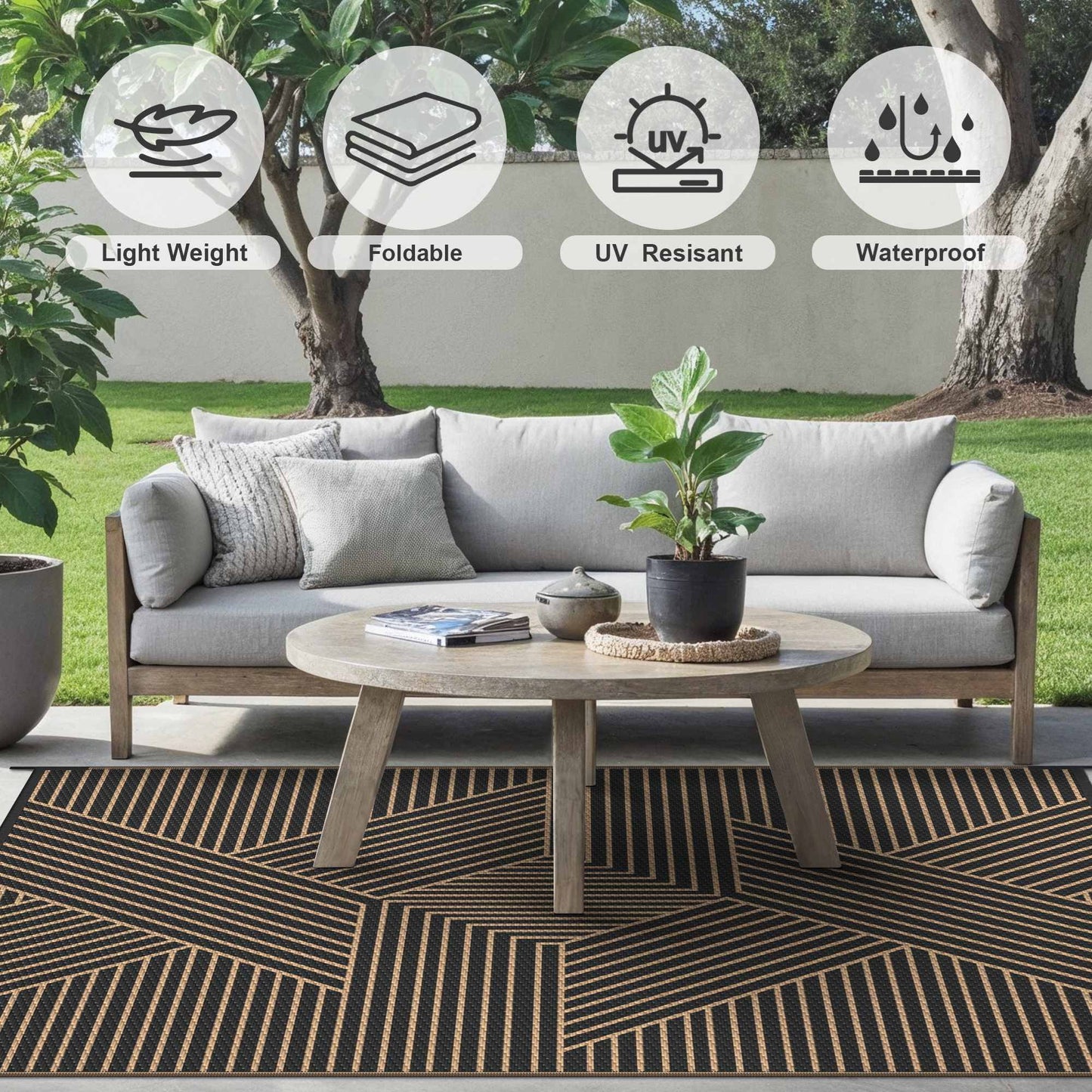KUETH 9'x 12' Outdoor Rug Plastic Foldable Waterproof Outside Carpet UV Resistant Patio RV Deck Mat,Black Brown
