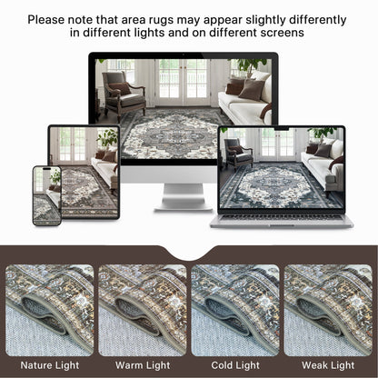 KUETH 3'x5' Area Rugs for Living Room, Non Slip Machine Washable Vintage Indoor Rug, Low Pile Print Rug for Bedroom Dining Room Home Office